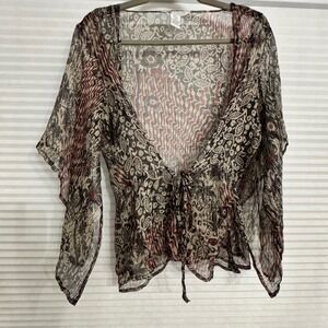 Vintage Carole Little Silk Blend Tie Front Top Women Large Sheer Flowy Boho